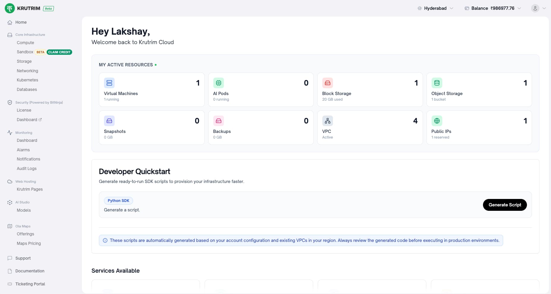 Krutrim Cloud Dashboard