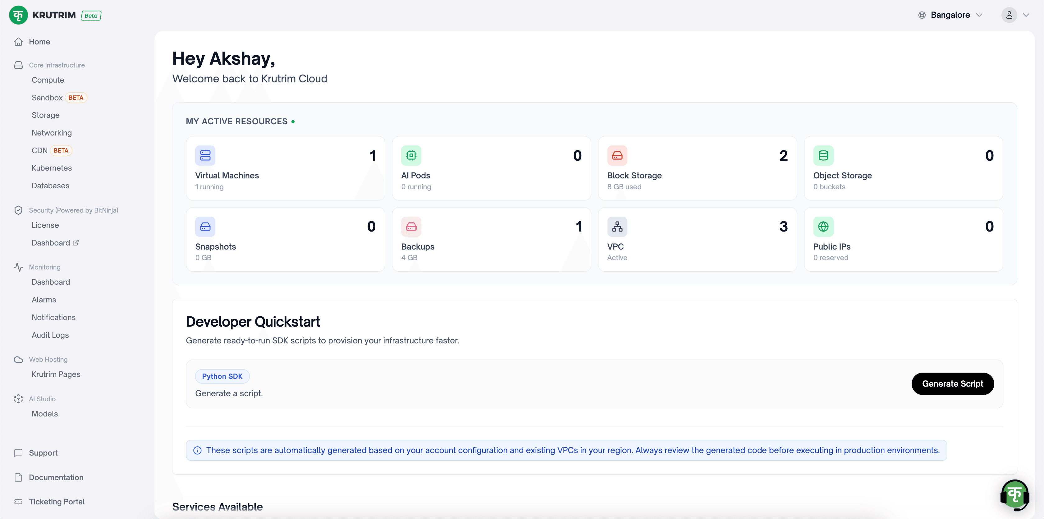 Krutrim Cloud Dashboard